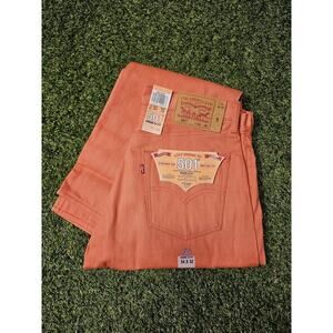 Mens LEVIS Classic 501 SHRINK TO FIT Coral Red 34x32 RAW DENIM RIGID pastel